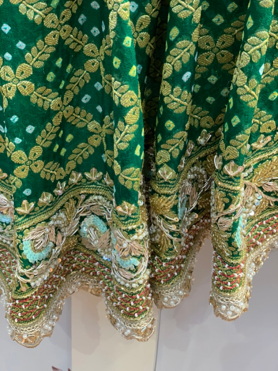 Pure Georgette Hand Bandhej in Bottle Green x Embroidery