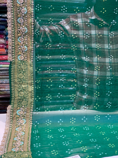 Pure Georgette Hand Bandhej in Bottle Green x Embroidery