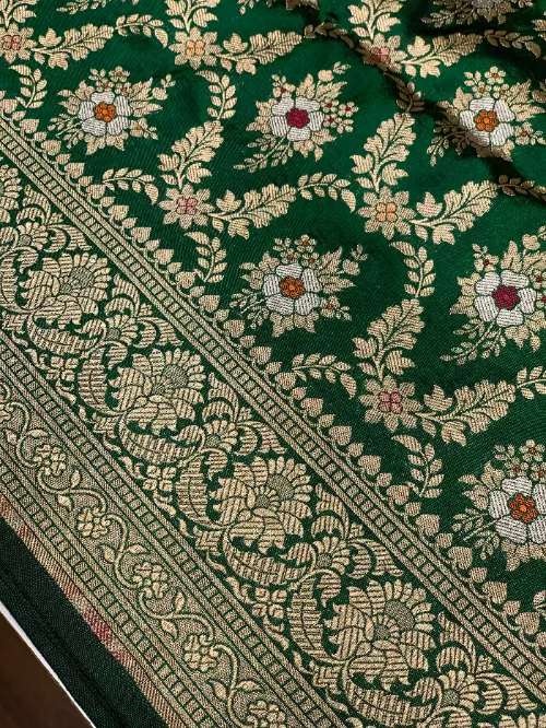 Bottle Green Banarasi Floral Jaal in Pure Katan Silk