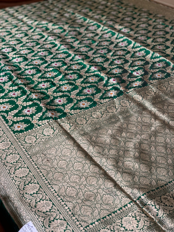 Bottle Green Banarasi Floral Jaal in Pure Katan Silk