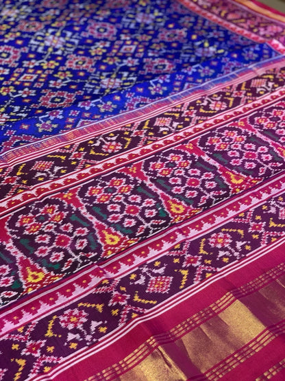 Single Ikkat Blue & Red Contrast Pure Silk Patola