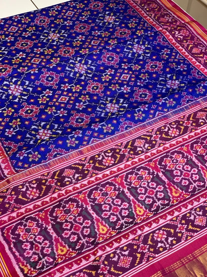 Single Ikkat Blue & Red Contrast Pure Silk Patola
