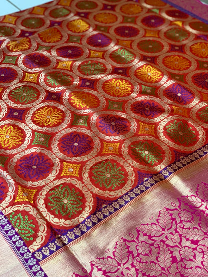 Red Banarasi Meenakari Jaal in Pure Katan Silk