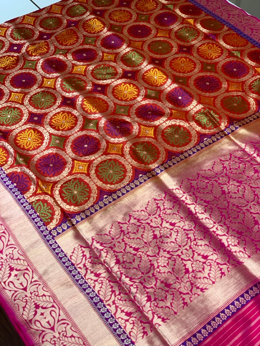 Red Banarasi Meenakari Jaal in Pure Katan Silk