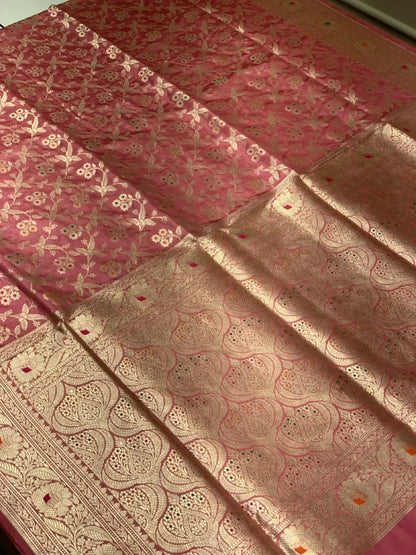 Peach Banarasi Floral Jaal in Pure Katan Silk