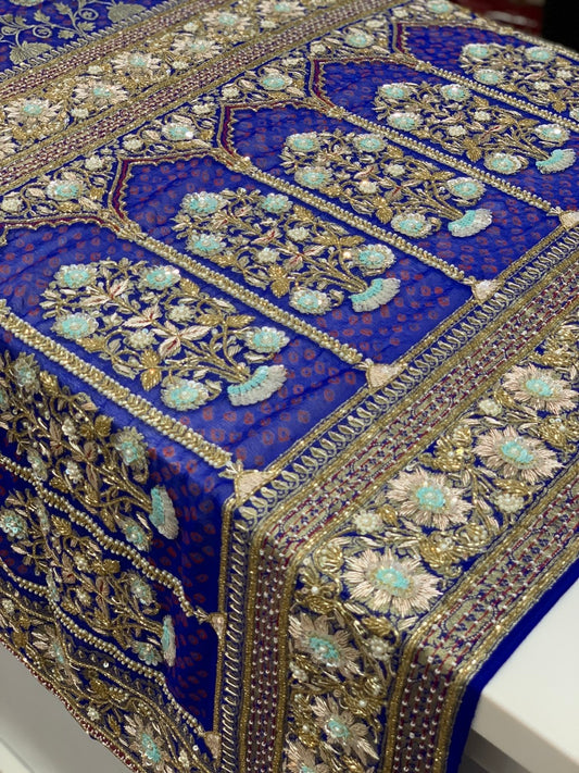 Pure Georgette Hand Bandhej in Royal Blue x Embroidery