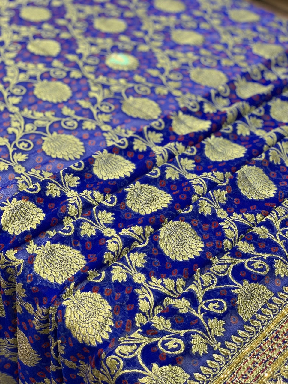 Pure Georgette Hand Bandhej in Royal Blue x Embroidery