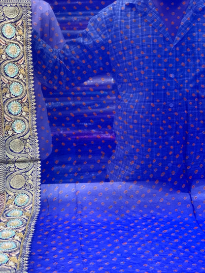 Pure Georgette Hand Bandhej in Royal Blue x Embroidery
