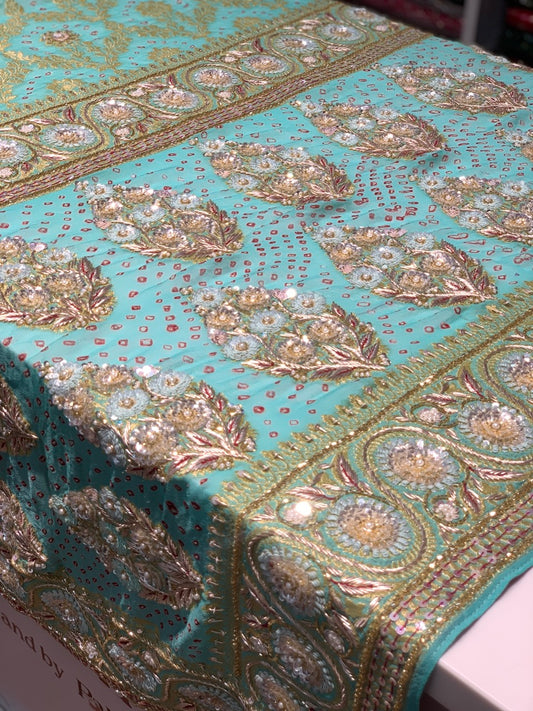 Pure Georgette Hand Bandhej in Mint Green x Embroidery