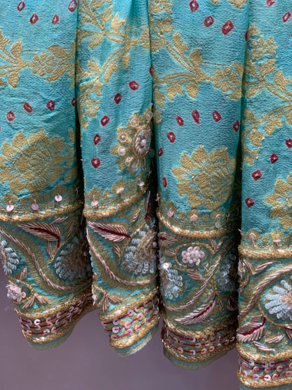 Pure Georgette Hand Bandhej in Mint Green x Embroidery
