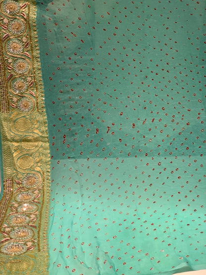 Pure Georgette Hand Bandhej in Mint Green x Embroidery