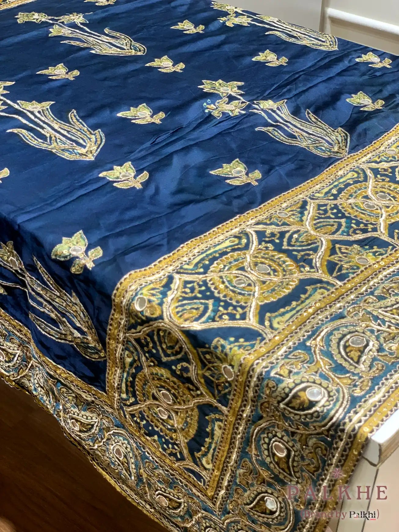 Mustured Yellow & Blue Satin Silk Fancy x Hand Embroidery