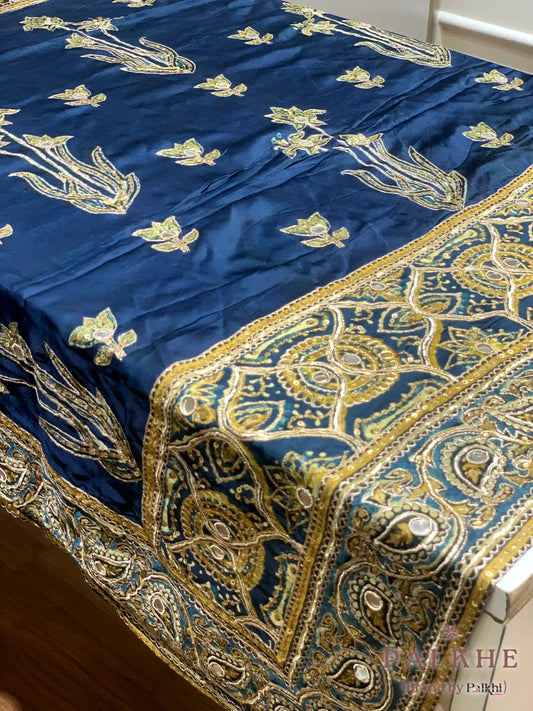 Mustured Yellow & Blue Satin Silk Fancy x Hand Embroidery