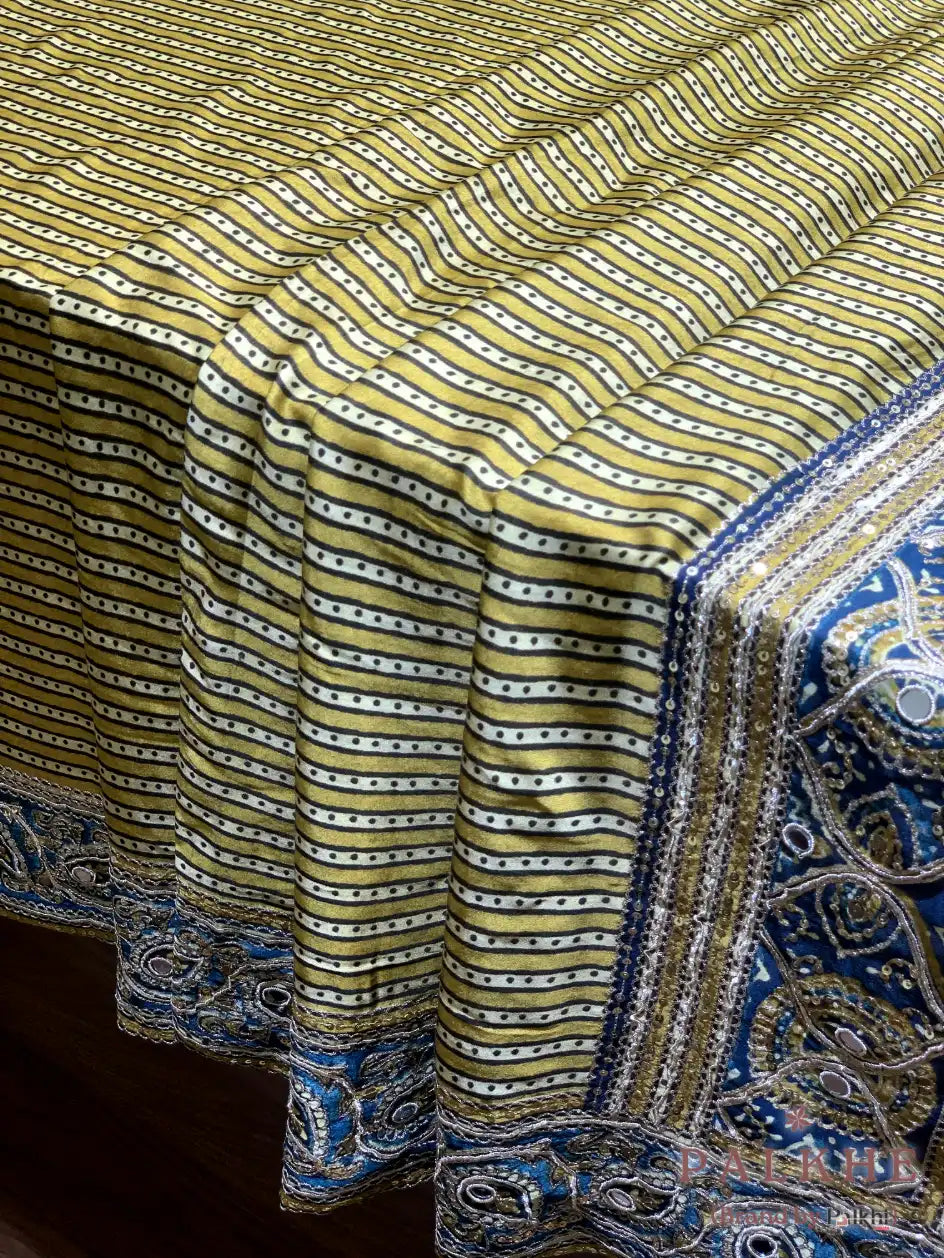 Mustured Yellow & Blue Satin Silk Fancy x Hand Embroidery