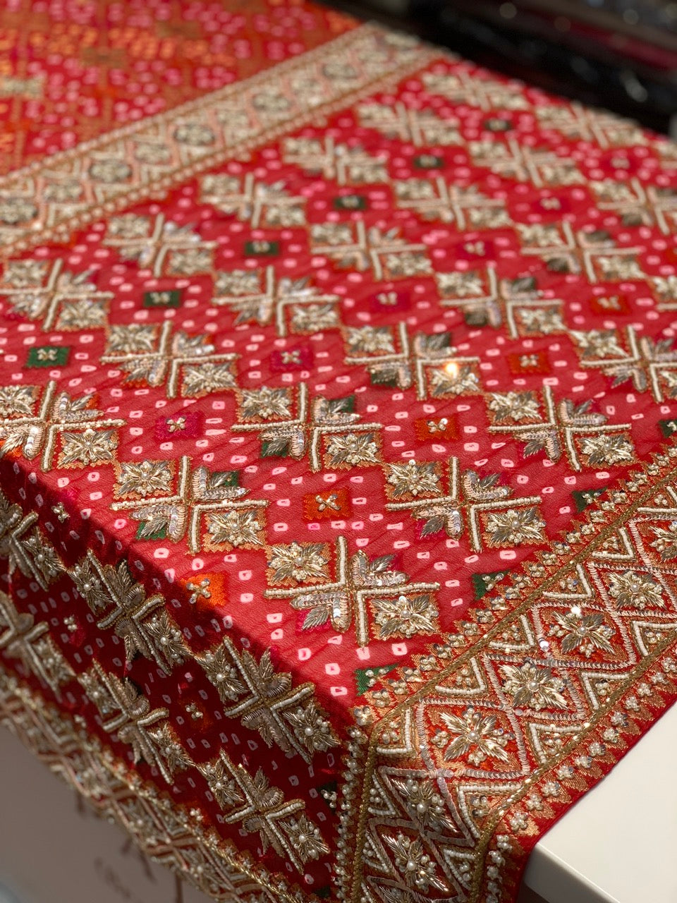 Pure Georgette Meenakari Hand Bandhej in Red x Embroidery