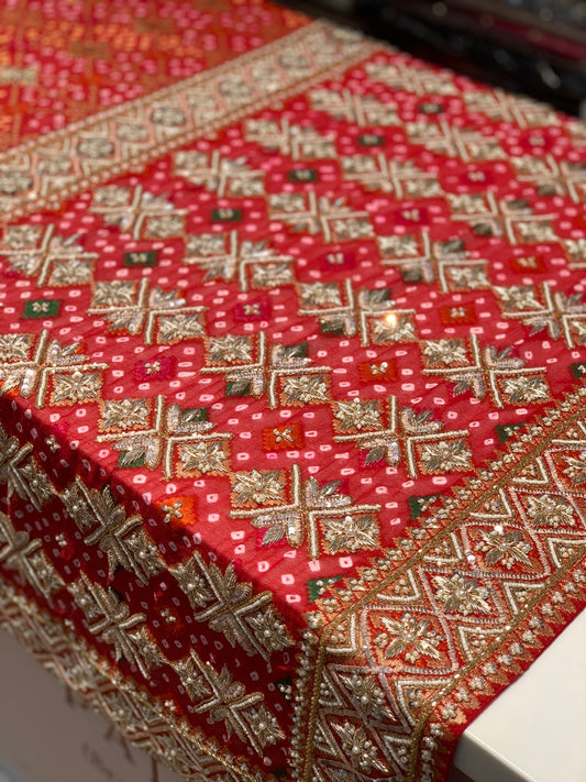 Pure Georgette Meenakari Hand Bandhej in Red x Embroidery