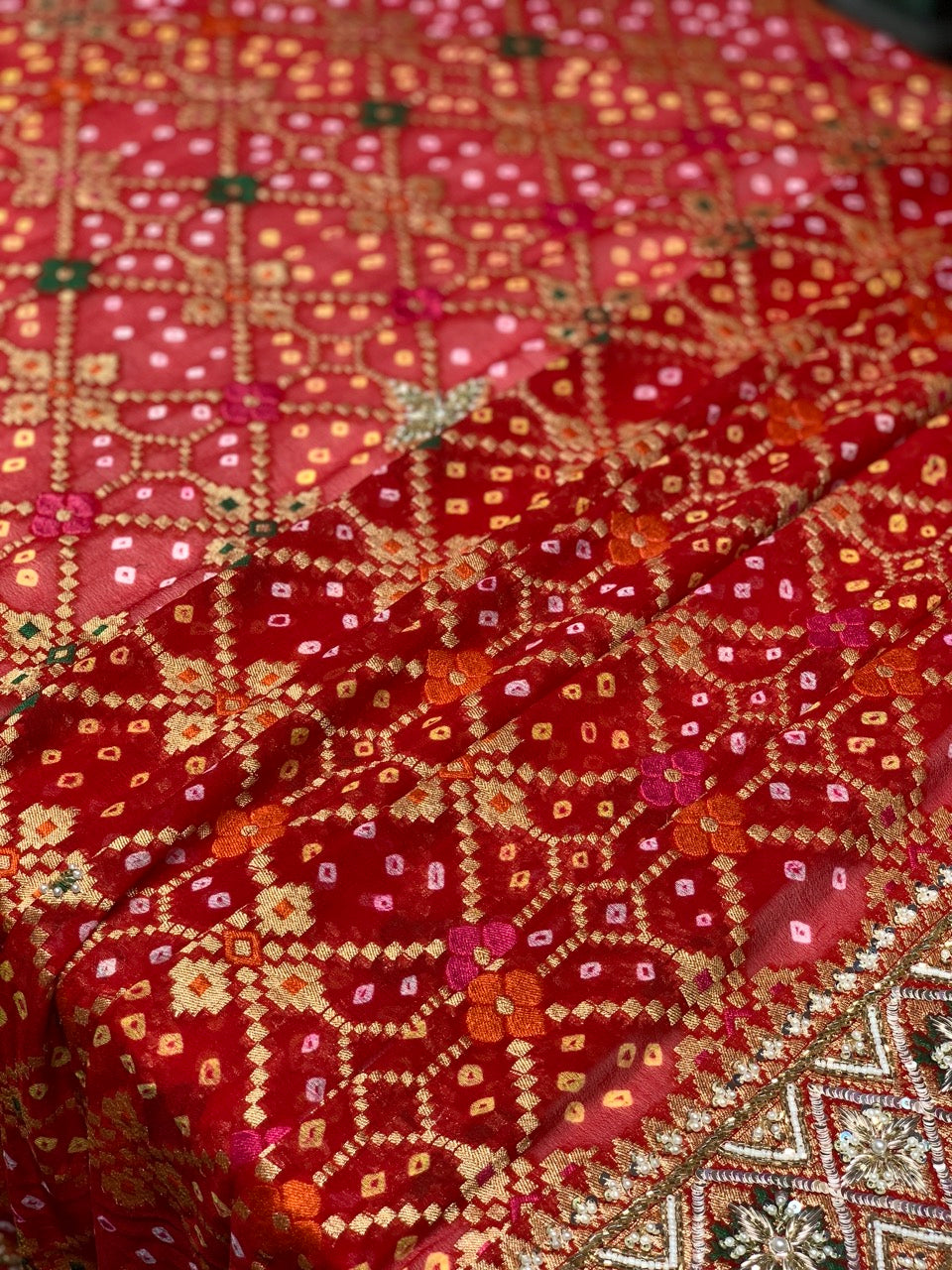 Pure Georgette Meenakari Hand Bandhej in Red x Embroidery