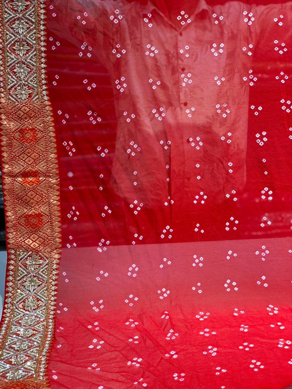 Pure Georgette Meenakari Hand Bandhej in Red x Embroidery