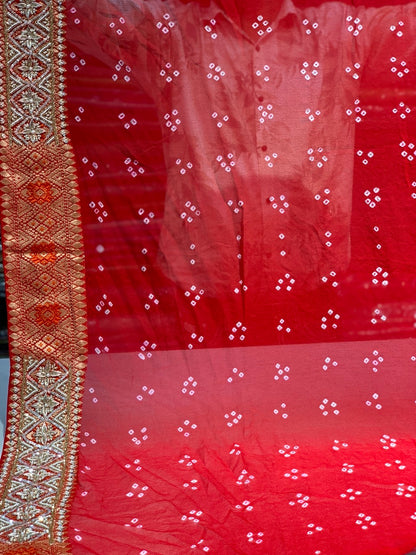 Pure Georgette Meenakari Hand Bandhej in Red x Embroidery