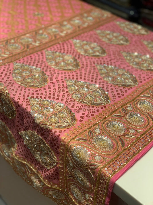 PURE GEORGETTE HAND BANDHEJ IN LIGHT PINK X EMBROIDERY
