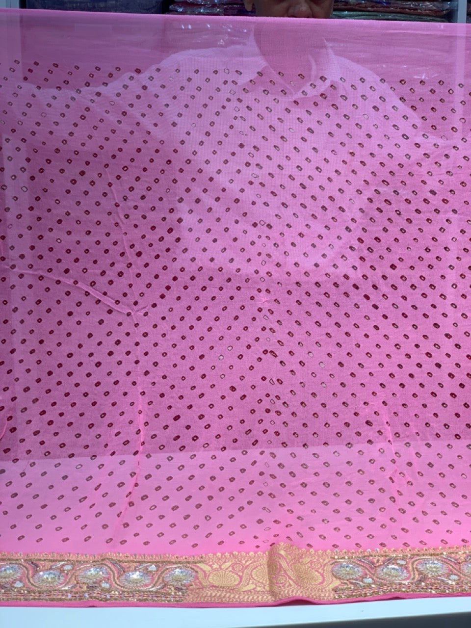 PURE GEORGETTE HAND BANDHEJ IN LIGHT PINK X EMBROIDERY
