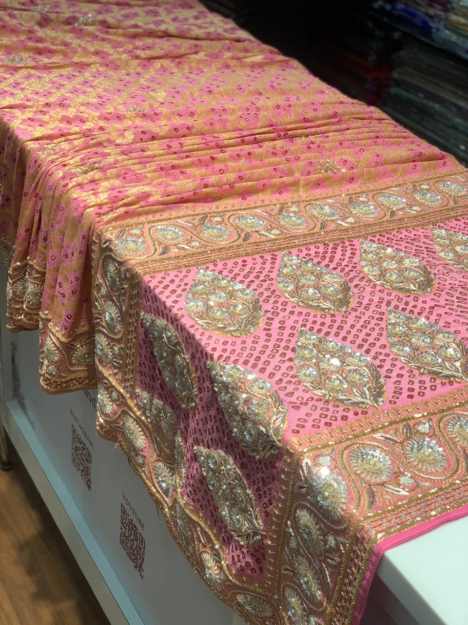 PURE GEORGETTE HAND BANDHEJ IN LIGHT PINK X EMBROIDERY