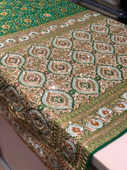Pure Georgette Meenakari Hand Bandhej in Bottle Green x Embroidery