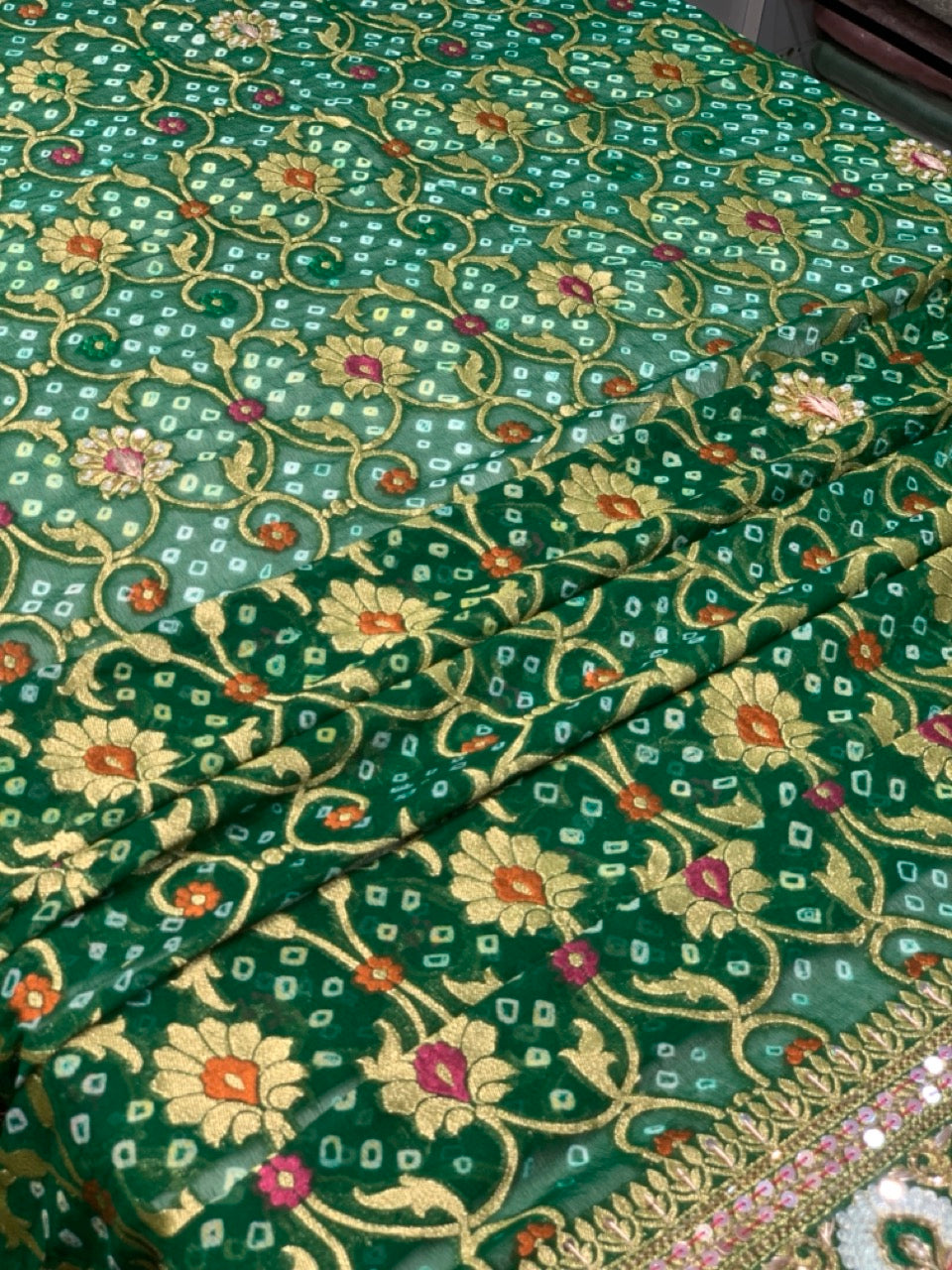 Pure Georgette Meenakari Hand Bandhej in Bottle Green x Embroidery