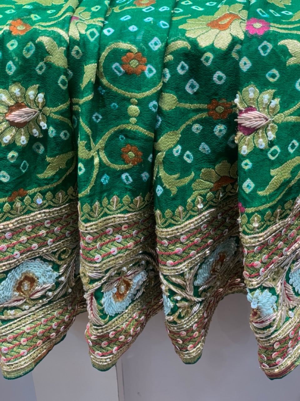 Pure Georgette Meenakari Hand Bandhej in Bottle Green x Embroidery