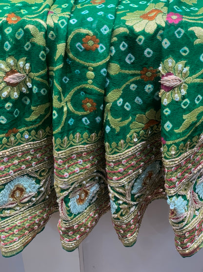 Pure Georgette Meenakari Hand Bandhej in Bottle Green x Embroidery