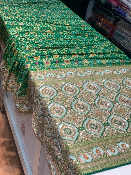 Pure Georgette Meenakari Hand Bandhej in Bottle Green x Embroidery
