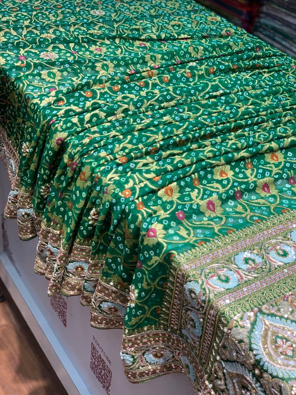 Pure Georgette Meenakari Hand Bandhej in Bottle Green x Embroidery