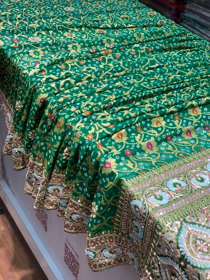 Pure Georgette Meenakari Hand Bandhej in Bottle Green x Embroidery