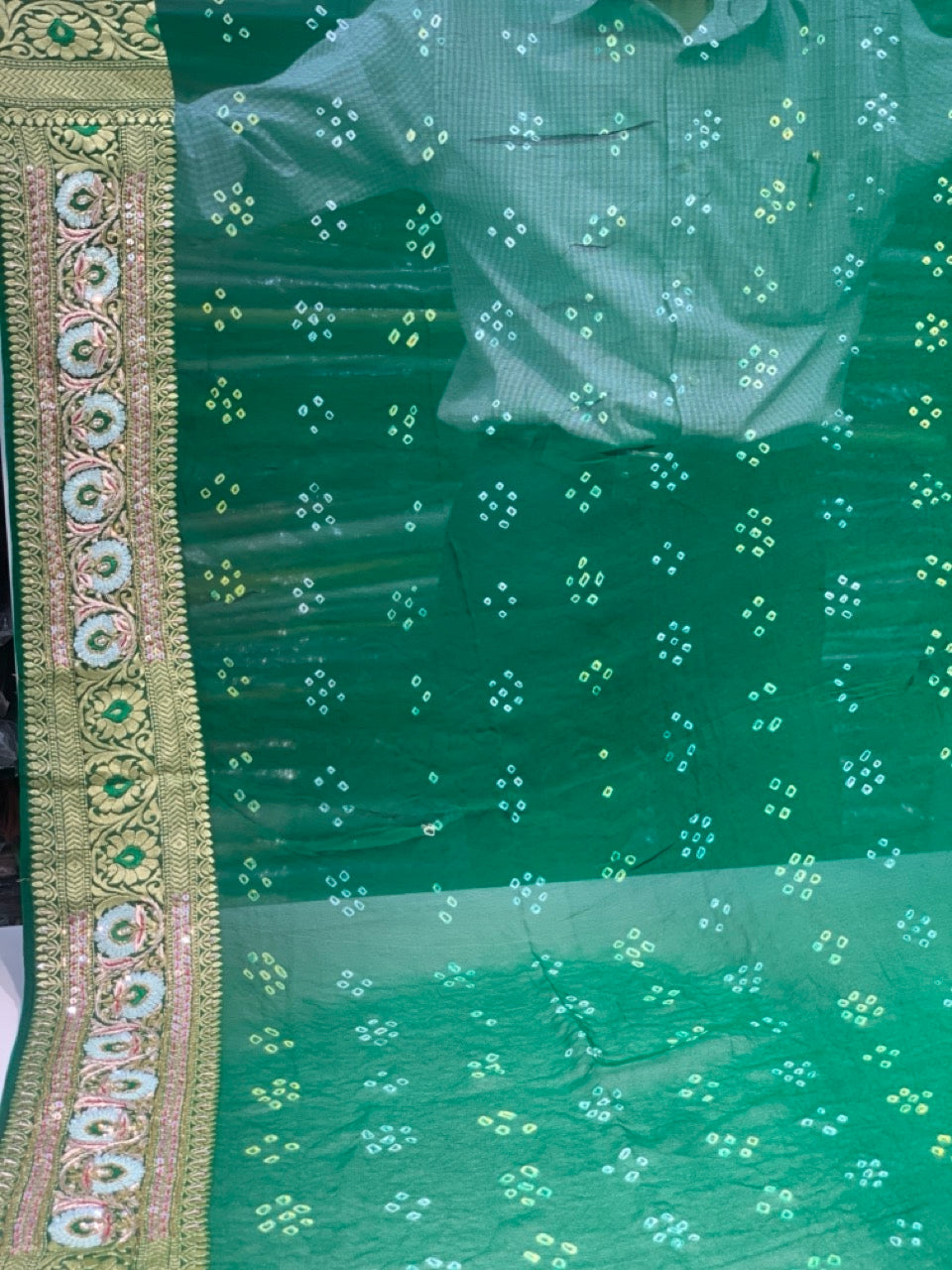Pure Georgette Meenakari Hand Bandhej in Bottle Green x Embroidery