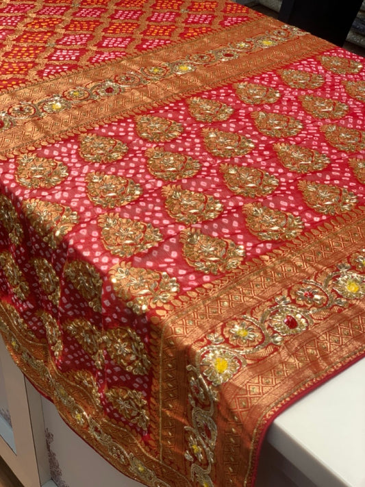PURE GEORGETTE HAND BANDHEJ IN RED X EMBROIDERY