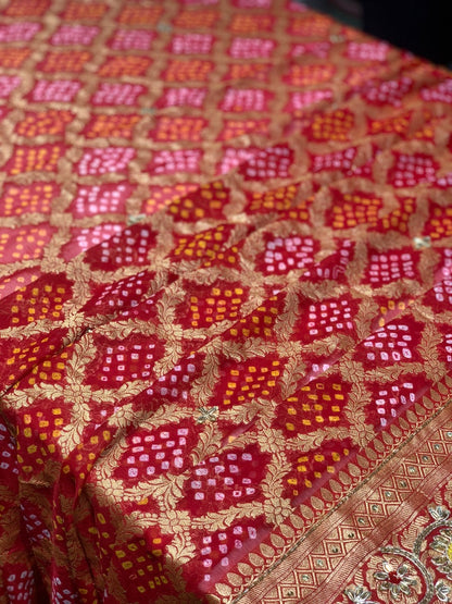 PURE GEORGETTE HAND BANDHEJ IN RED X EMBROIDERY