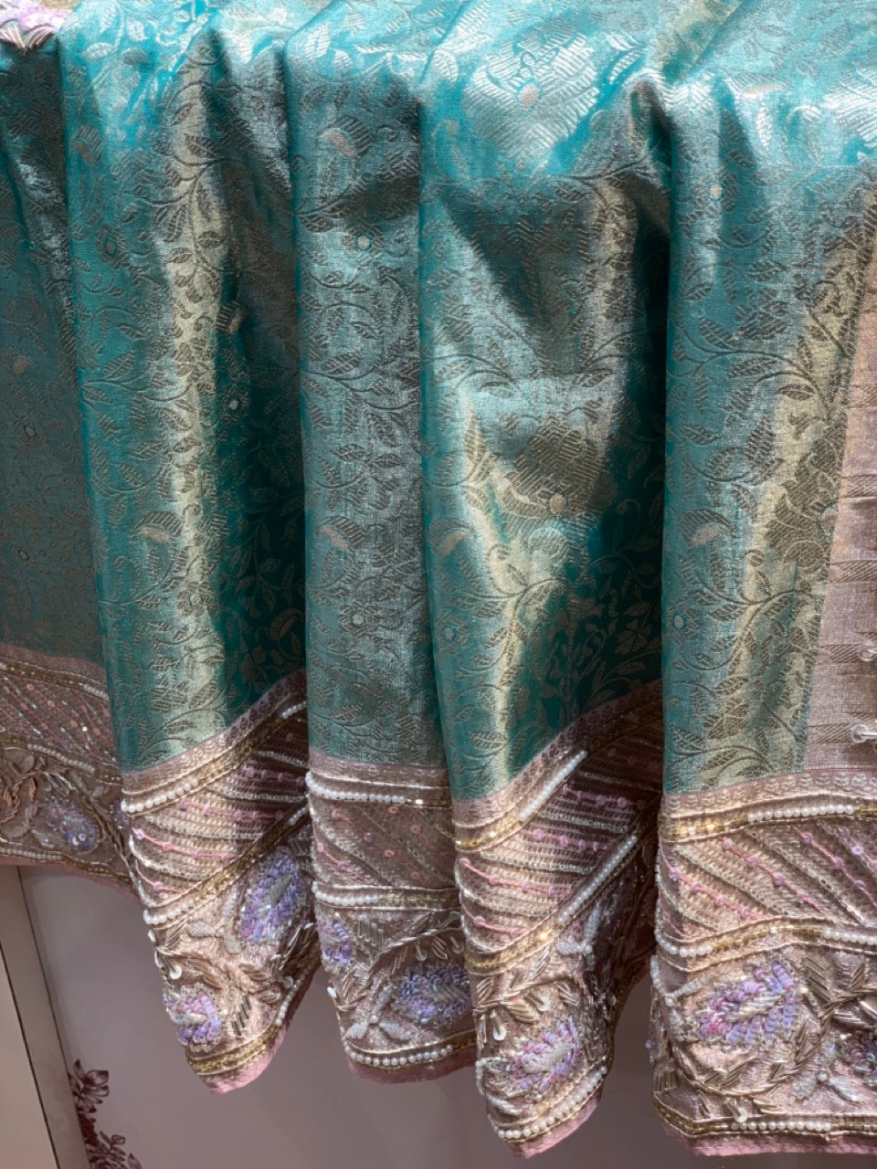SAGE GREEN WITH PINK TISSUE KANJIVARAM X EMBROIDERY