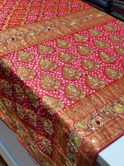 PURE GEORGETTE HAND BANDHEJ IN RED X EMBROIDERY