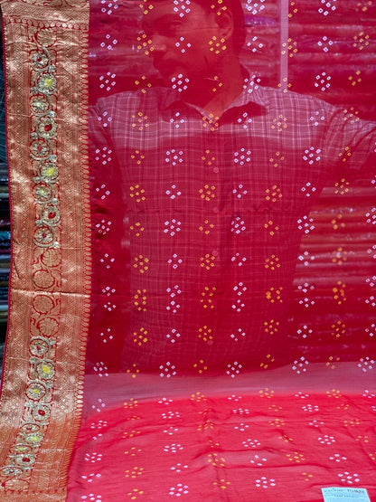 PURE GEORGETTE HAND BANDHEJ IN RED X EMBROIDERY