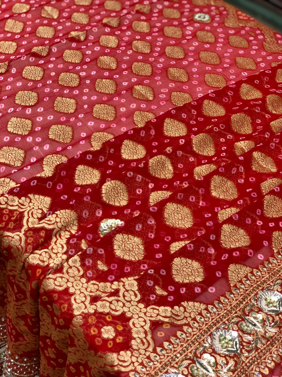 Pure Georgette Hand Bandhej in Red x Embroidery