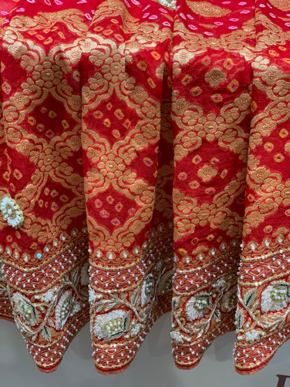 Pure Georgette Hand Bandhej in Red x Embroidery