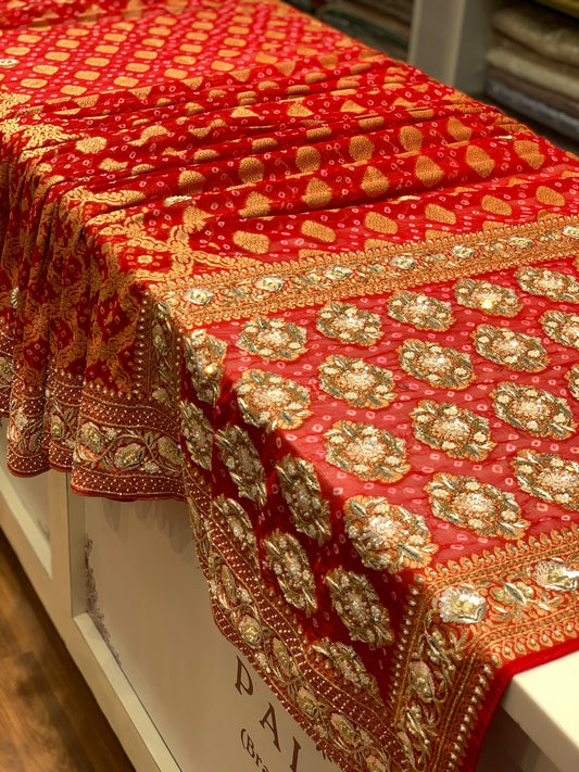 Pure Georgette Hand Bandhej in Red x Embroidery