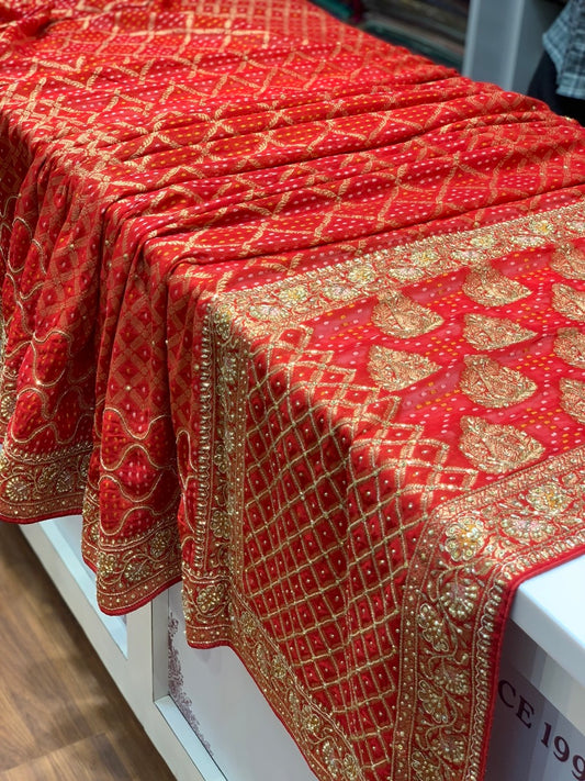 GEORGETTE WEAVING BANDHEJ IN RED X EMBROIDERY