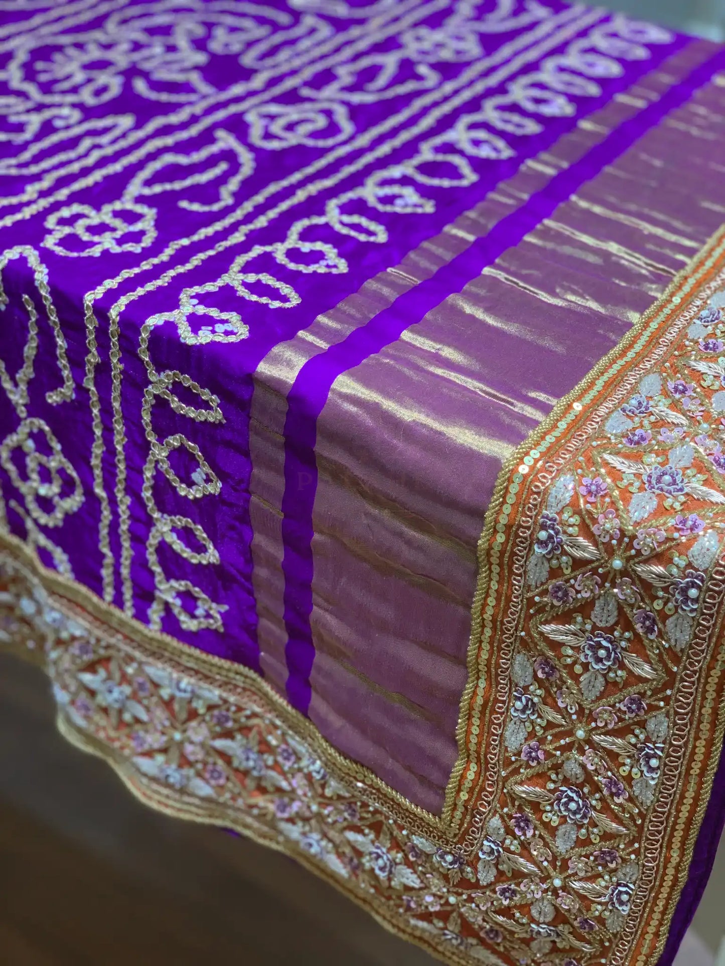 Purple Gajji Silk Bandhej x Embroidery