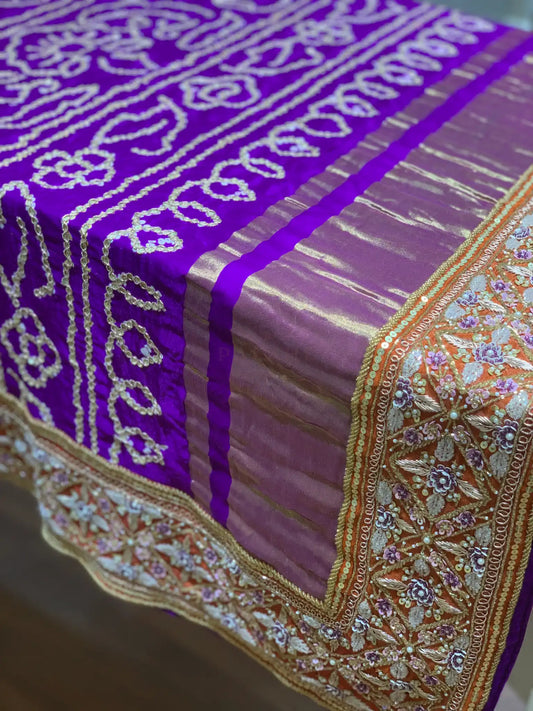 Purple Gajji Silk Bandhej x Embroidery