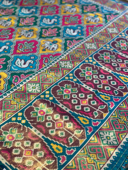 Blue Base Multi Color Patola Animals Weave in Semi Silk