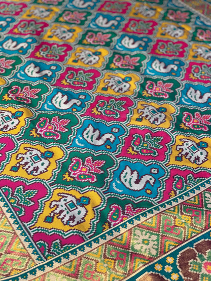 Blue Base Multi Color Patola Animals Weave in Semi Silk