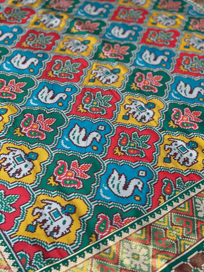 Green Base Multi Color Patola Animals Weave in Semi Silk