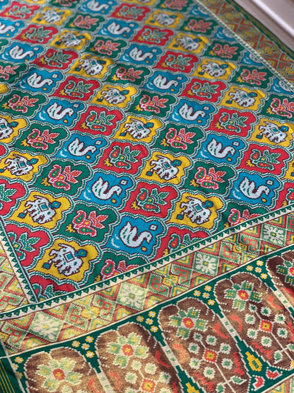 Green Base Multi Color Patola Animals Weave in Semi Silk