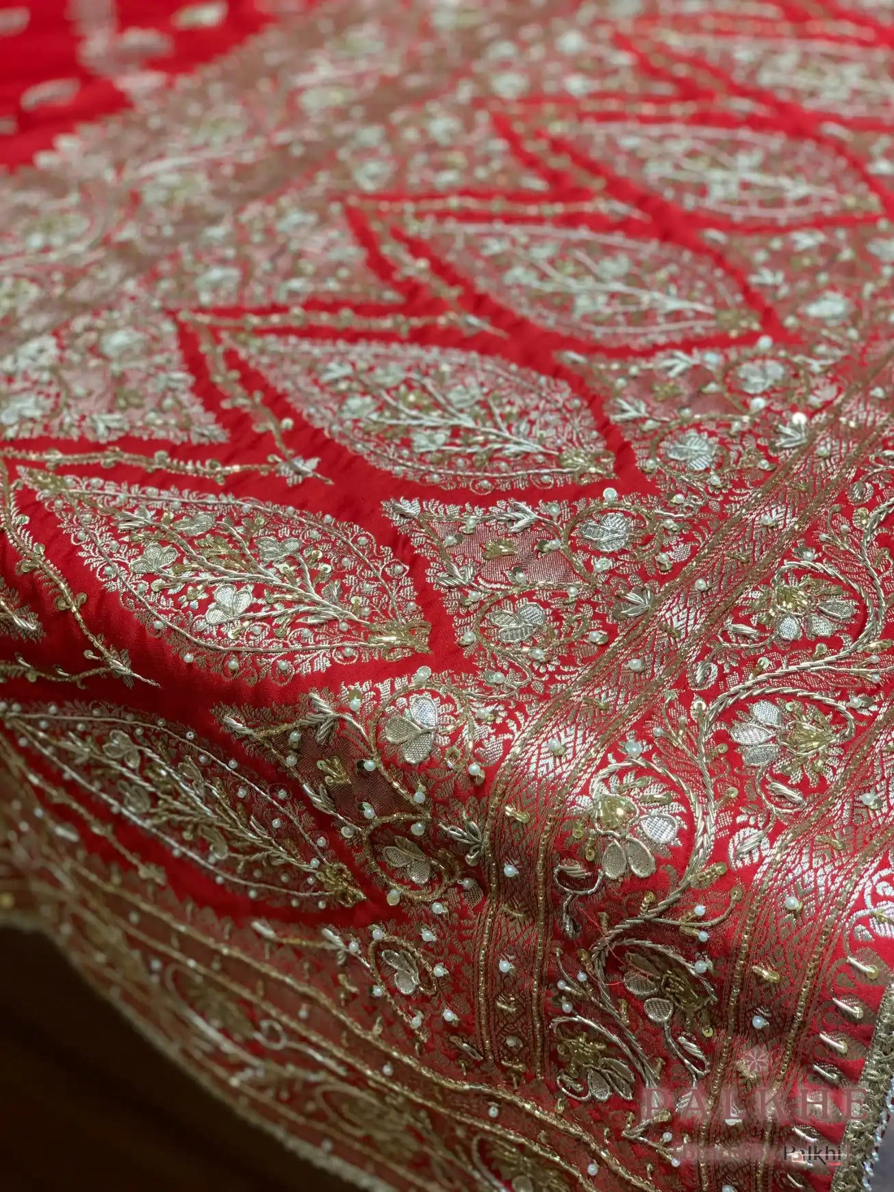 Red Floral Jaal Katan Silk Banarasi x Hand Embroidery